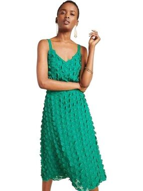 ANTHROPOLOGIE x EVA FRANCO Kelly Green Hanya Floral Applique Midi Dress (XS/0)